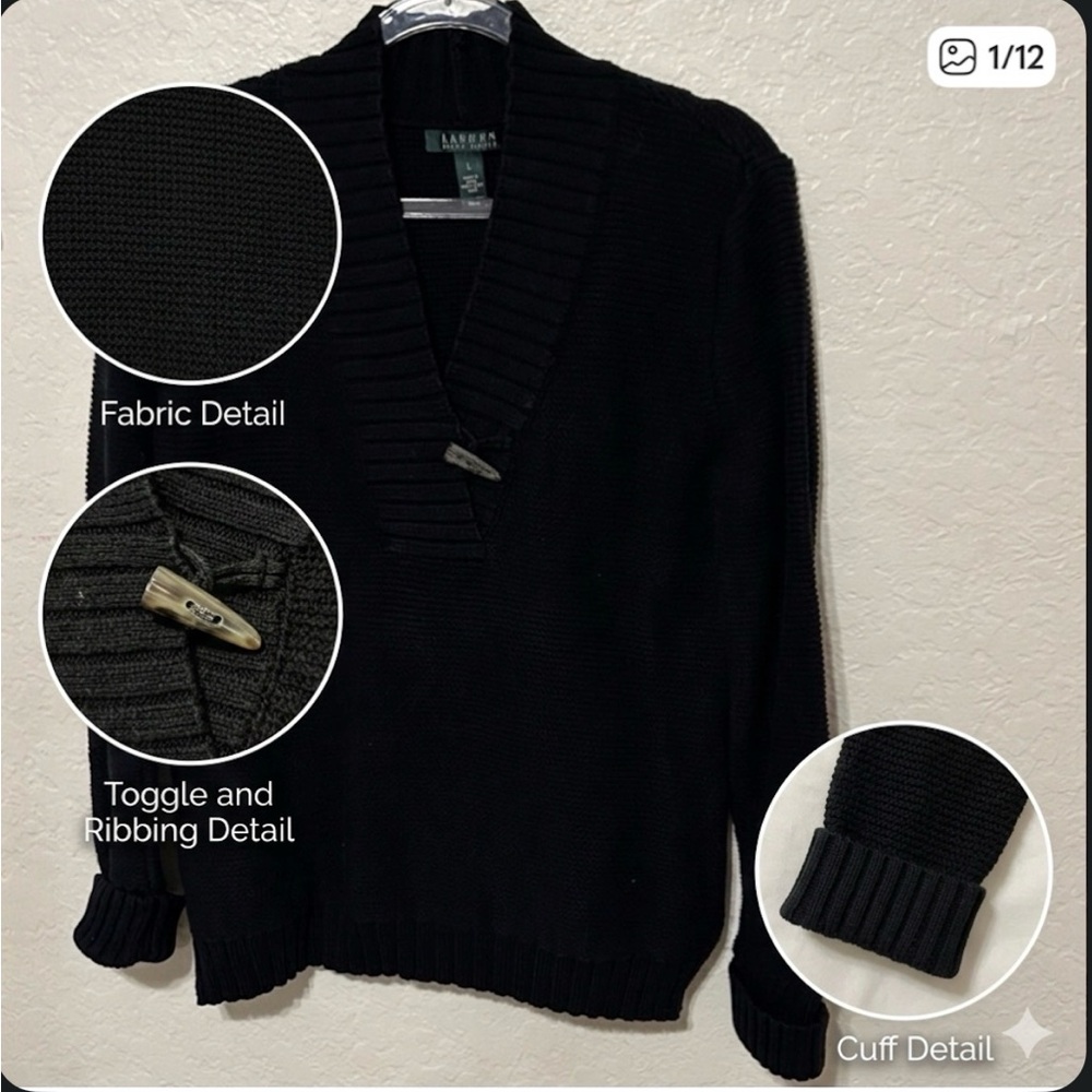 🚀Lauren Ralph Lauren black v neck sweater size L GUC